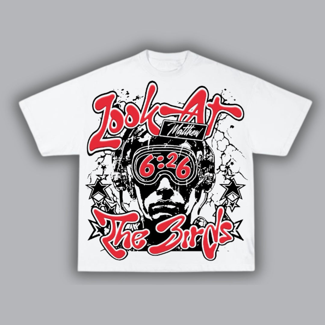 Look at the Birds Red on White Tshirt